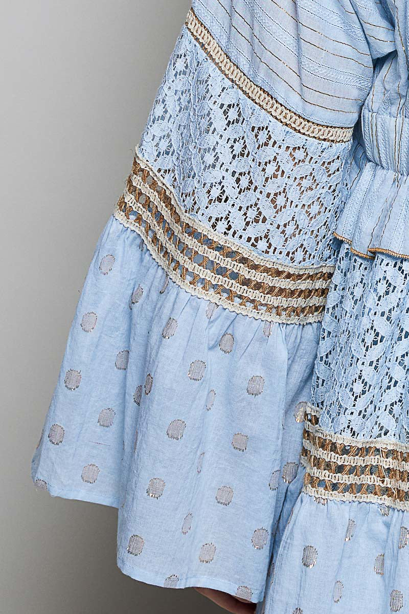 POL Solid Color Kimono with Metallic Thread and Seashell Trim in Powder Blue