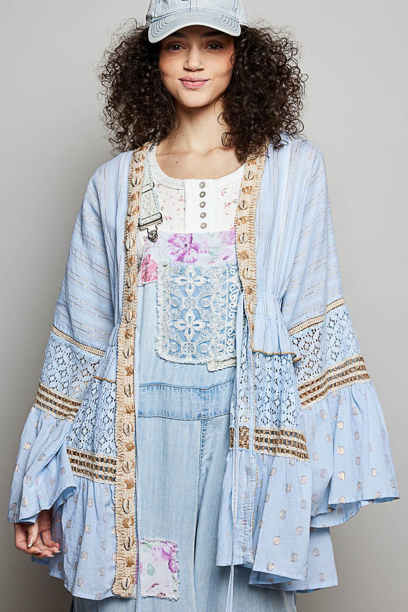 POL Solid Color Kimono with Metallic Thread and Seashell Trim in Powder Blue