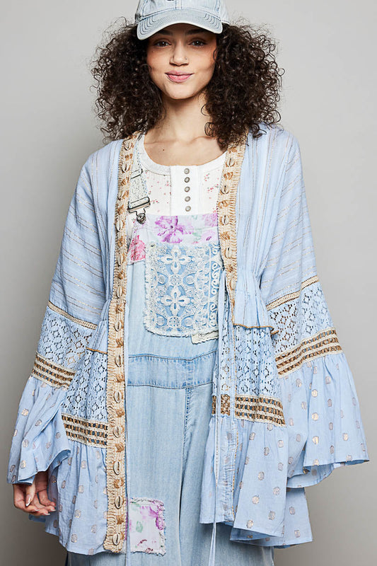POL Solid Color Kimono with Metallic Thread and Seashell Trim in Powder Blue