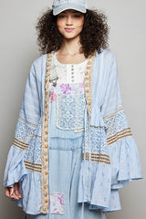 POL Solid Color Kimono with Metallic Thread and Seashell Trim in Powder Blue
