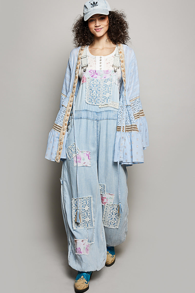 POL Solid Color Kimono with Metallic Thread and Seashell Trim in Powder Blue