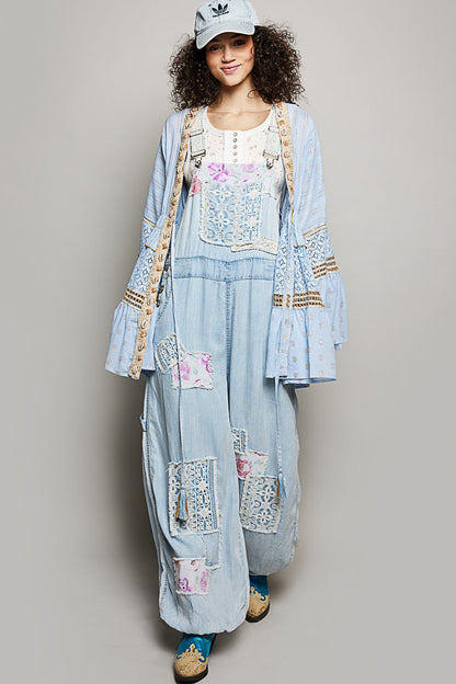 POL Solid Color Kimono with Metallic Thread and Seashell Trim in Powder Blue