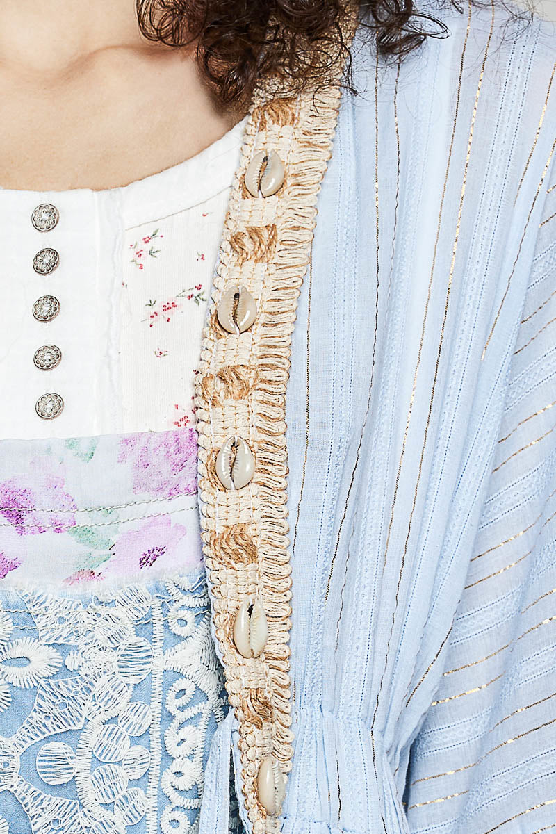 POL Solid Color Kimono with Metallic Thread and Seashell Trim in Powder Blue