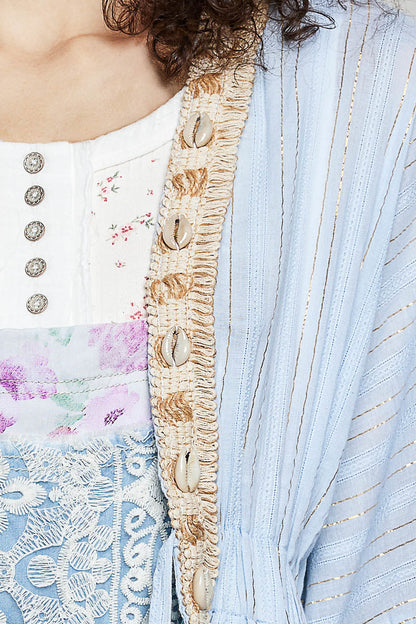 POL Solid Color Kimono with Metallic Thread and Seashell Trim in Powder Blue