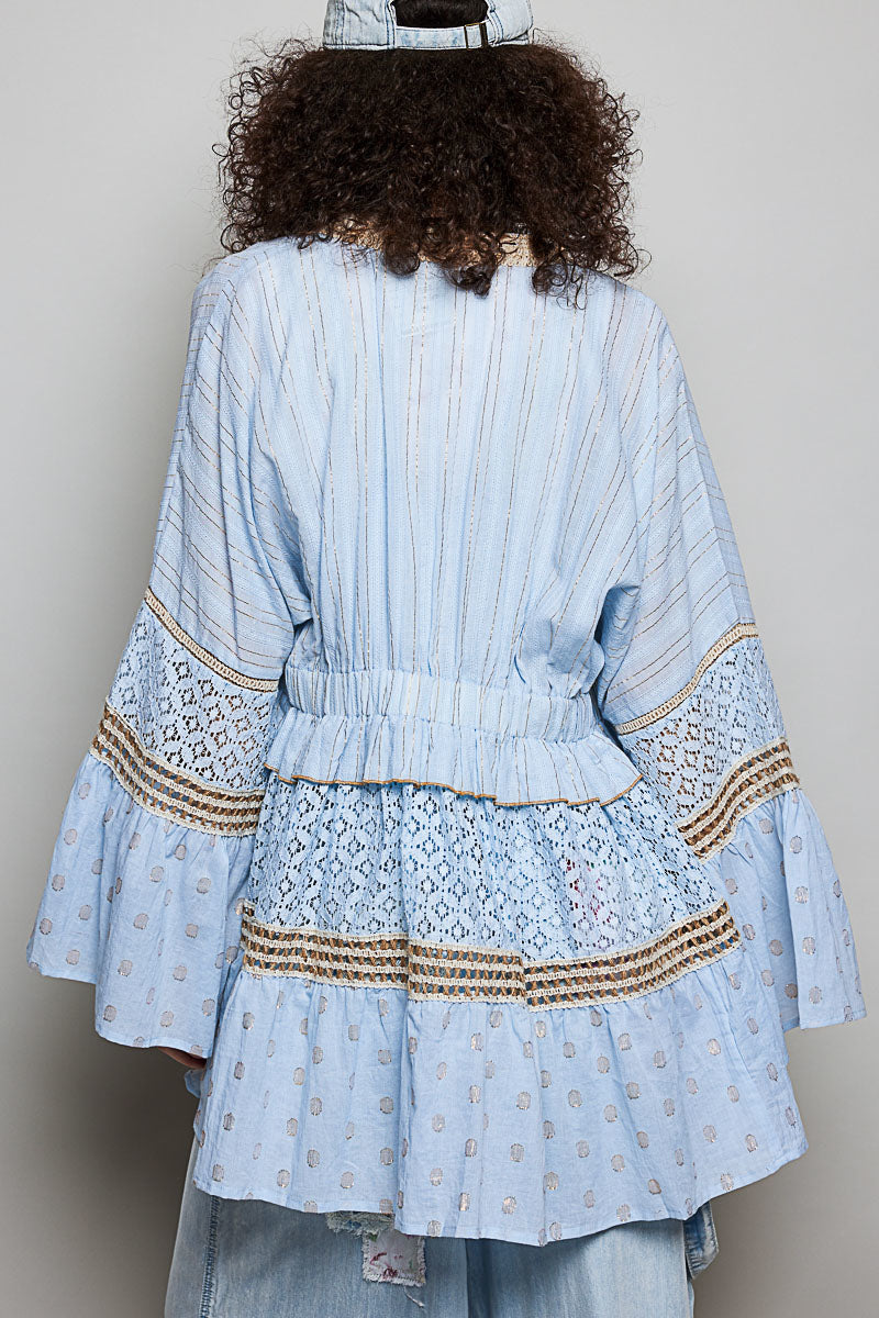 POL Solid Color Kimono with Metallic Thread and Seashell Trim in Powder Blue