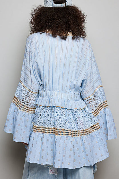 POL Solid Color Kimono with Metallic Thread and Seashell Trim in Powder Blue