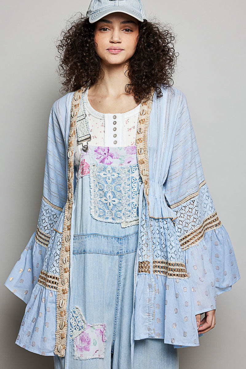 POL Solid Color Kimono with Metallic Thread and Seashell Trim in Powder Blue