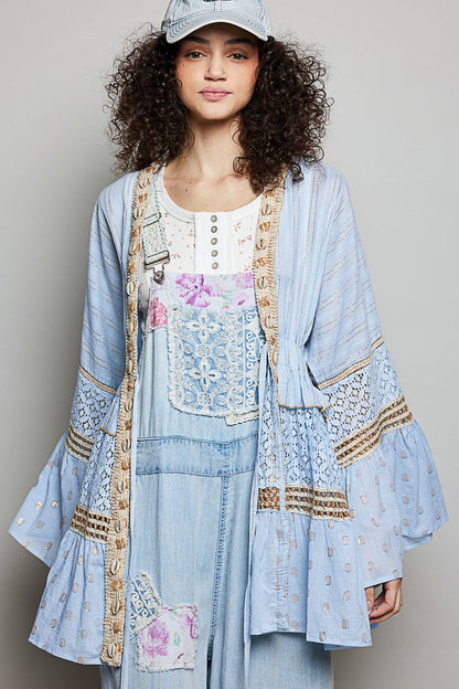 POL Solid Color Kimono with Metallic Thread and Seashell Trim in Powder Blue