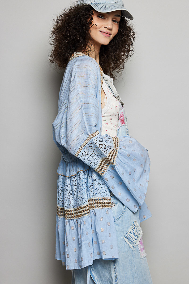 POL Solid Color Kimono with Metallic Thread and Seashell Trim in Powder Blue