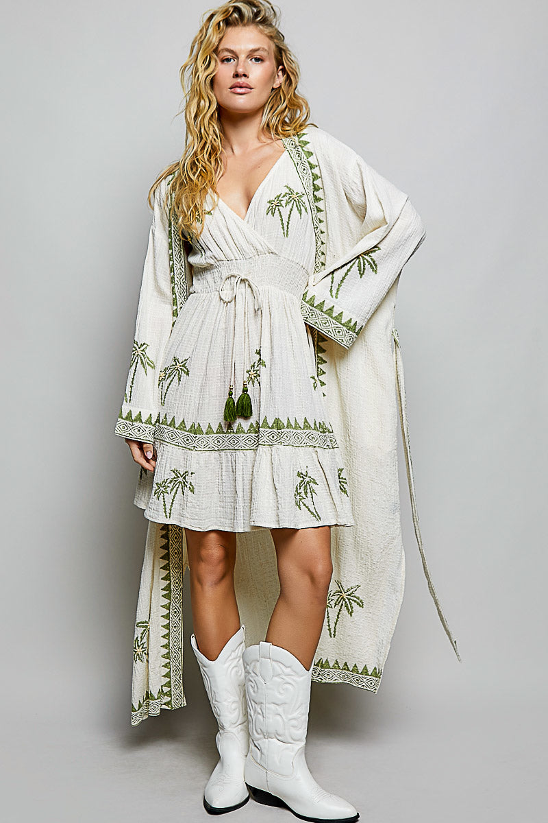 POL Palm Tree Print Maxi Cardigan in Natural