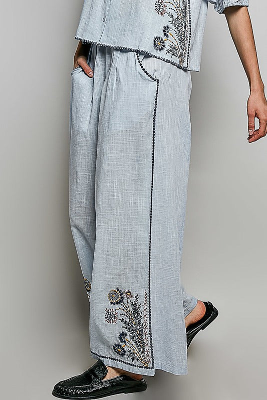 POL Cotton Embroidered Pants in Sky Multi