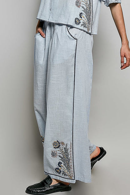 POL Cotton Embroidered Pants in Sky Multi