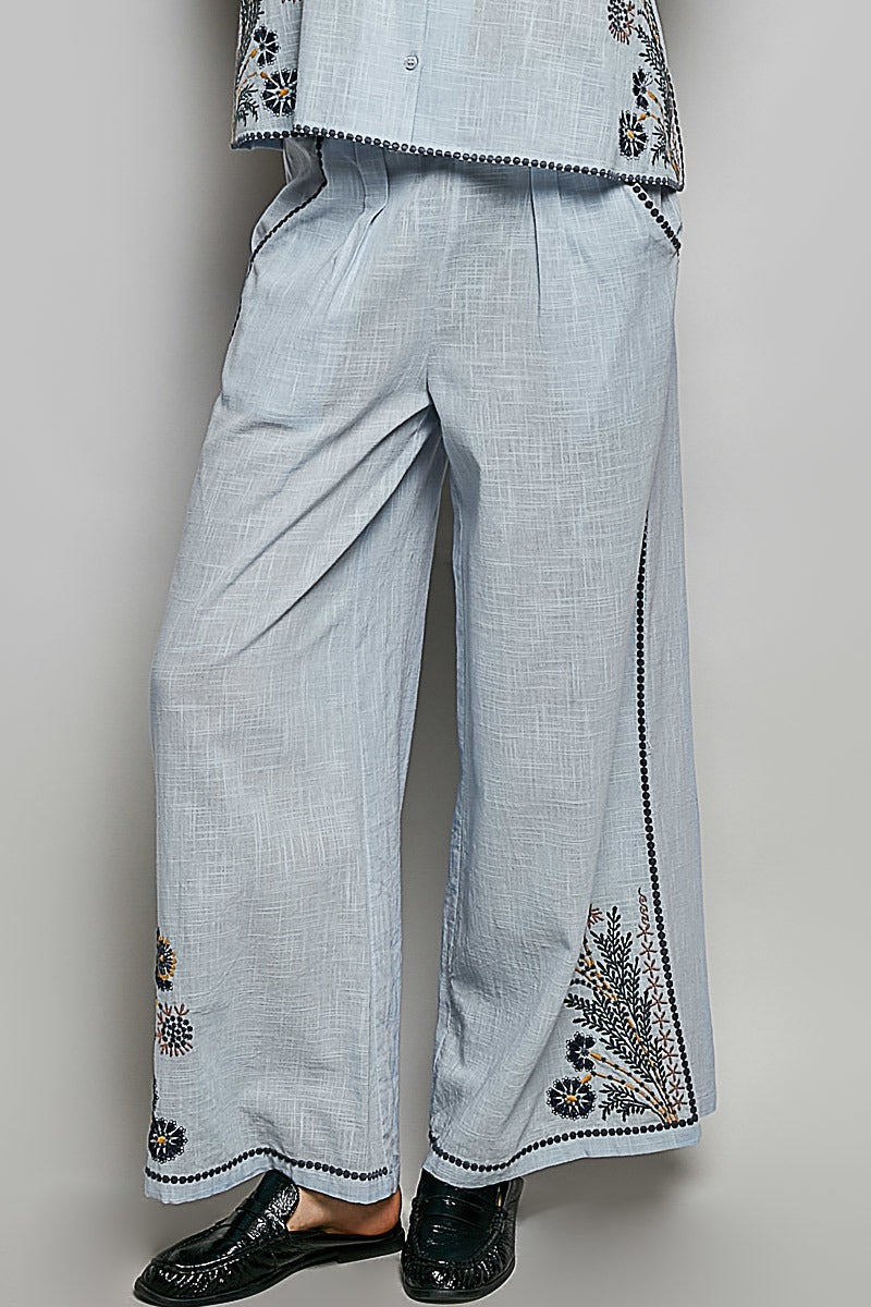 POL Cotton Embroidered Pants in Sky Multi