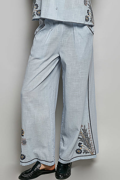 POL Cotton Embroidered Pants in Sky Multi