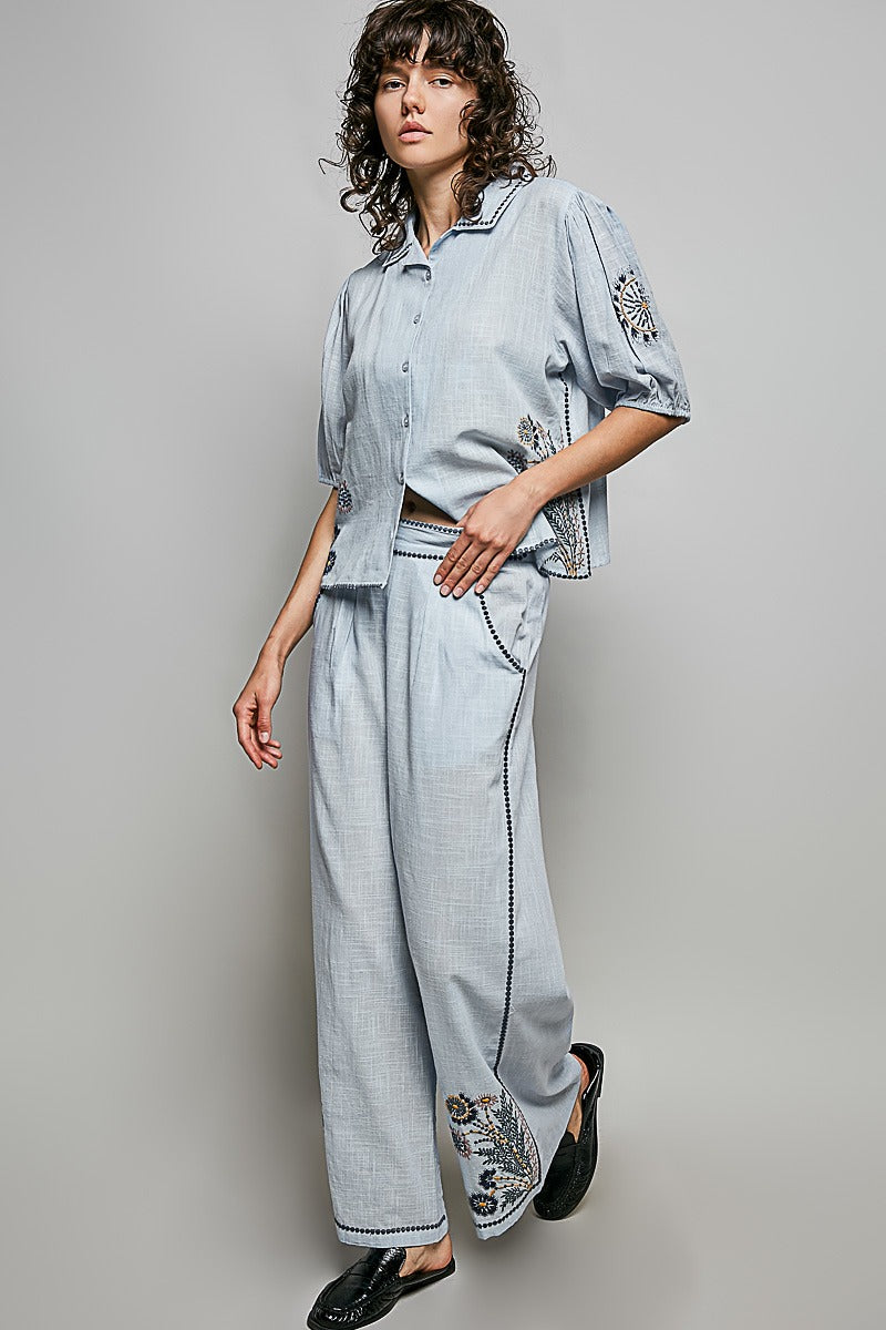 POL Cotton Embroidered Pants in Sky Multi