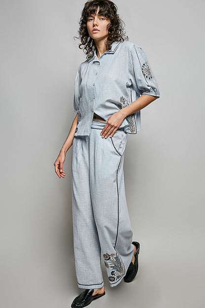 POL Cotton Embroidered Pants in Sky Multi