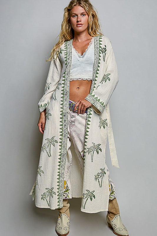 POL Palm Tree Print Maxi Cardigan in Natural