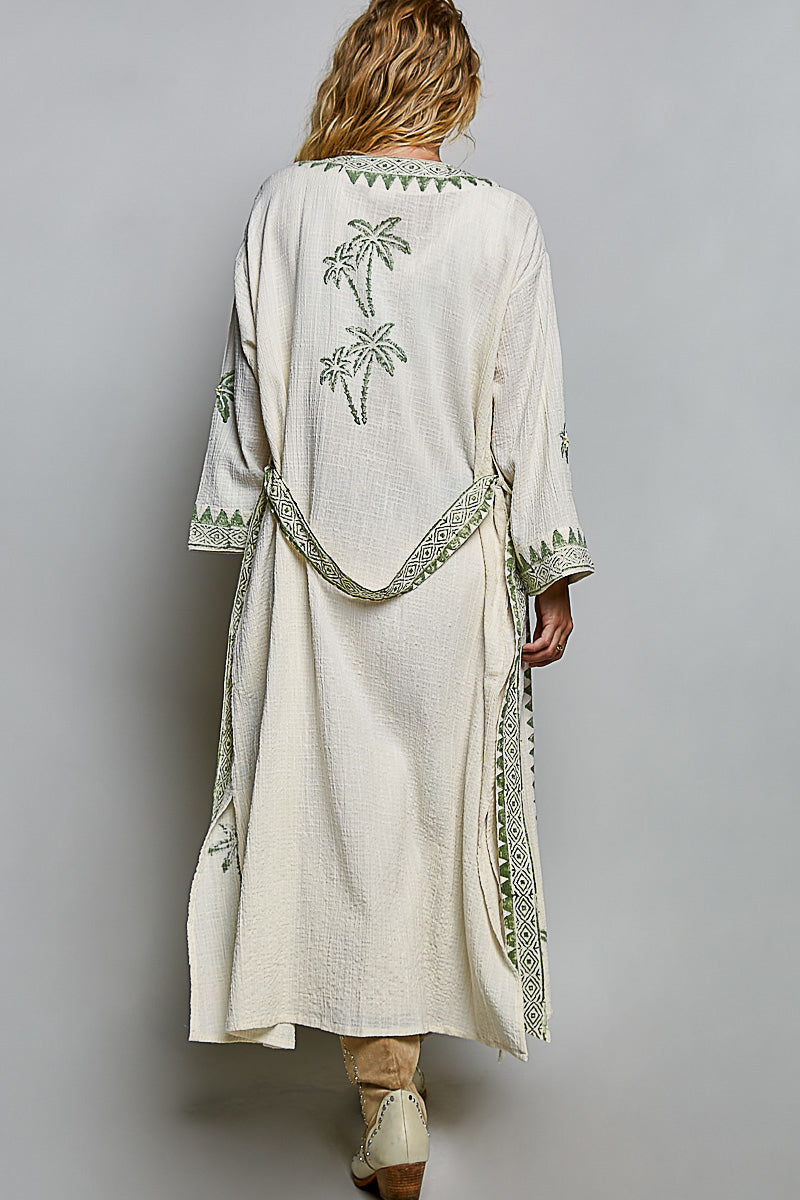 POL Palm Tree Print Maxi Cardigan in Natural