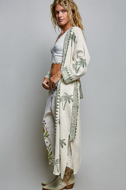 POL Palm Tree Print Maxi Cardigan in Natural