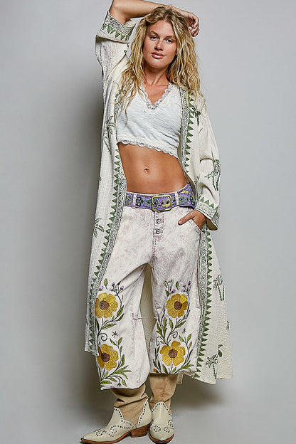 POL Palm Tree Print Maxi Cardigan in Natural