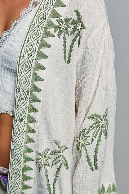 POL Palm Tree Print Maxi Cardigan in Natural