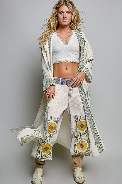 POL Palm Tree Print Maxi Cardigan in Natural