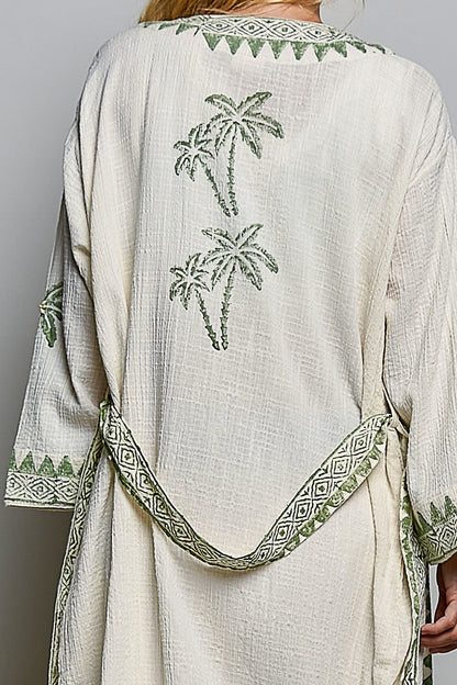 POL Palm Tree Print Maxi Cardigan in Natural