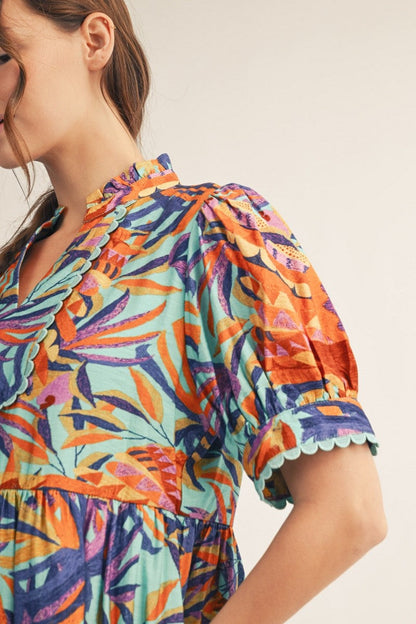 Jodifl Tropical Print Midi Dress with Scalloped Trim Detail in Aqua Blue
