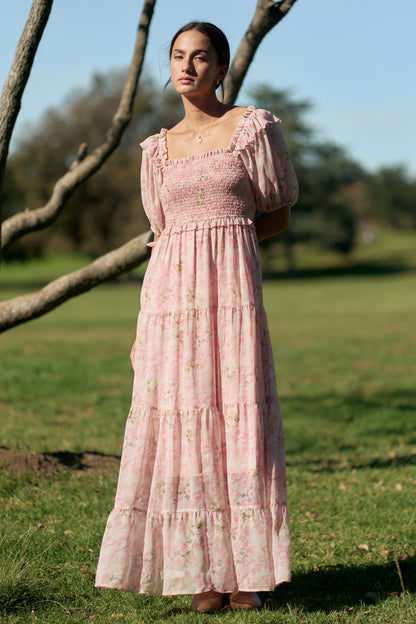 Davi & Dani Smocked Bodice Floral Print Maxi Dress in Pink