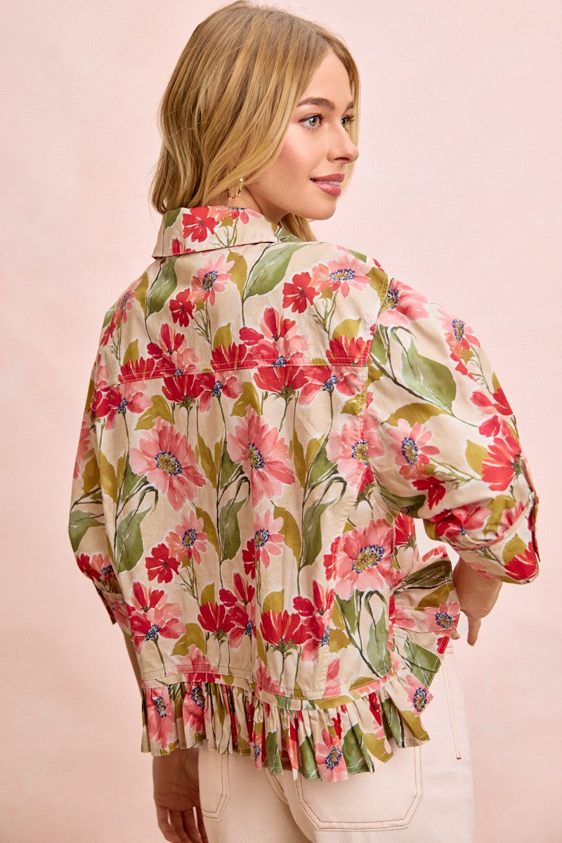 BiBi Floral Print Ruffled Hem Button-Up Quarter Sleeve Top in Floral ON ORDER