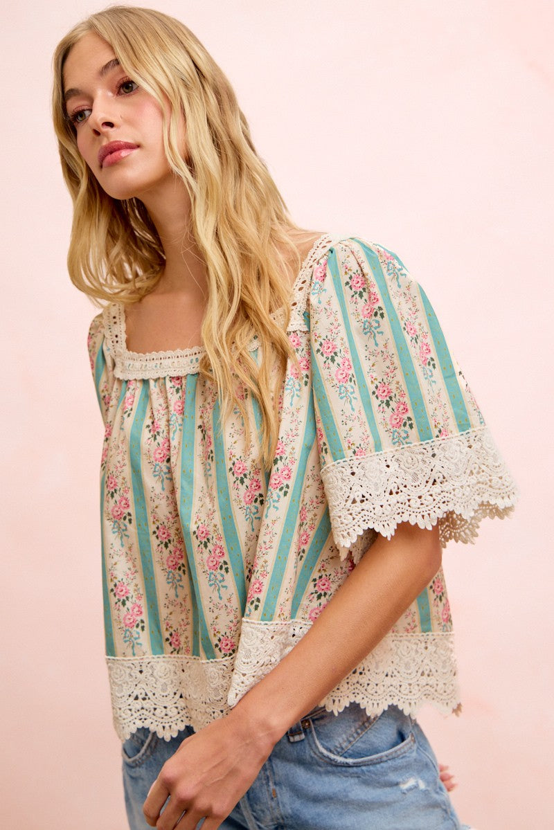 BiBi Mix n Match Floral and Lace Detailed Top in Teal ON ORDER