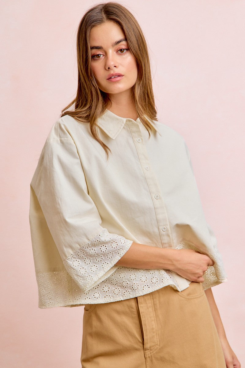 BiBi Eyelet Lace Hem Quarter Sleeve Top in Butter
