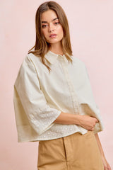 BiBi Eyelet Lace Hem Quarter Sleeve Top in Butter