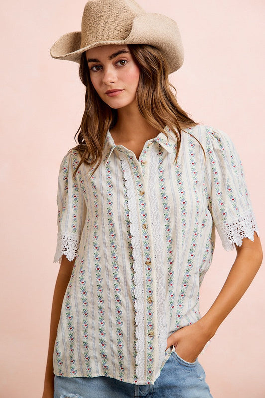 BiBi Floral Print Crinkle Top with Lace Details in Ivory Multi