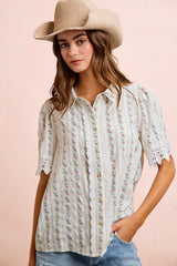 BiBi Floral Print Crinkle Top with Lace Details in Ivory Multi