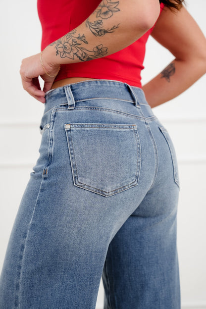 Judy Blue Catching Feelings Mid Rise Medium Wash Straight Leg Jeans with Folded Over Waistband