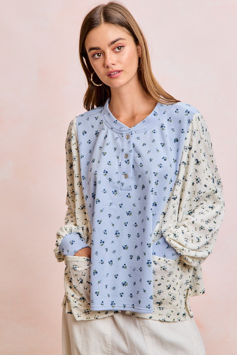 BiBi Floral Print Mix N Match Henley Top in Light Blue