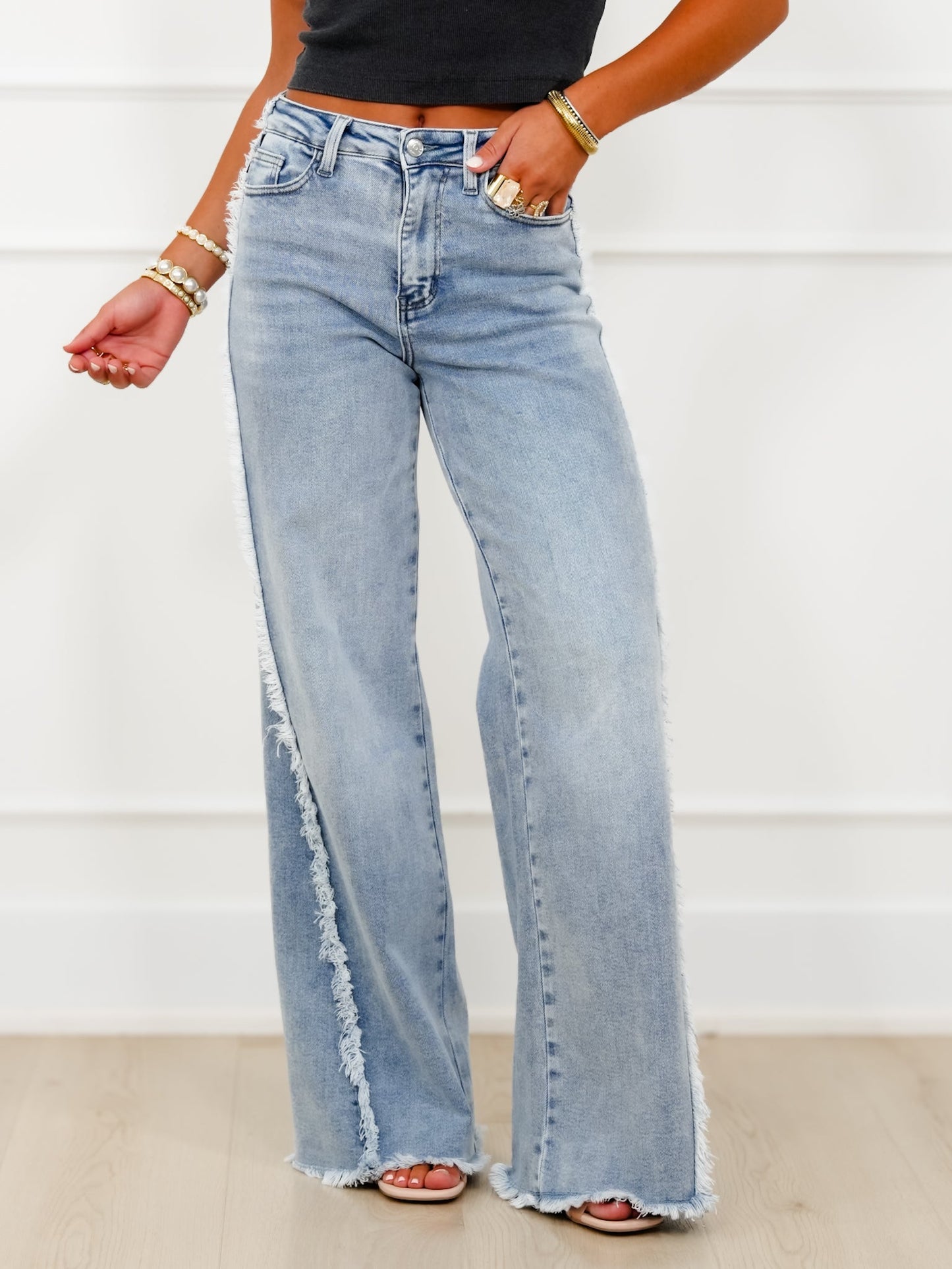 Judy Blue High Rise Light Wash Retro Wide Leg Jeans with Raw Twisted Outseam