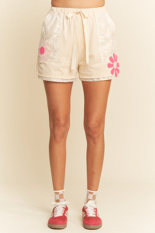 Davi & Dani Knit and Lace Shorts with Flower Patches in Beige Multi