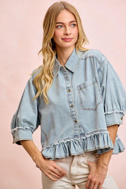BiBi Washed Denim Ruffle Hem Buttoned Top in Washed Denim