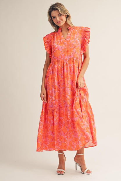 Jodifl Tropical Bloom Ruffle Sleeve Midi Dress in Orange