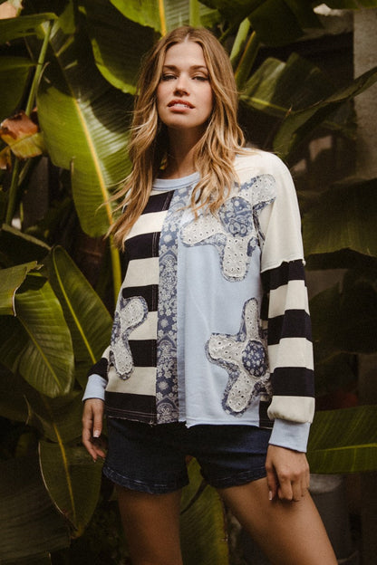 BiBi Terry Knit Solid n Striped Top with Flower Patches in Blue Mix ON ORDER
