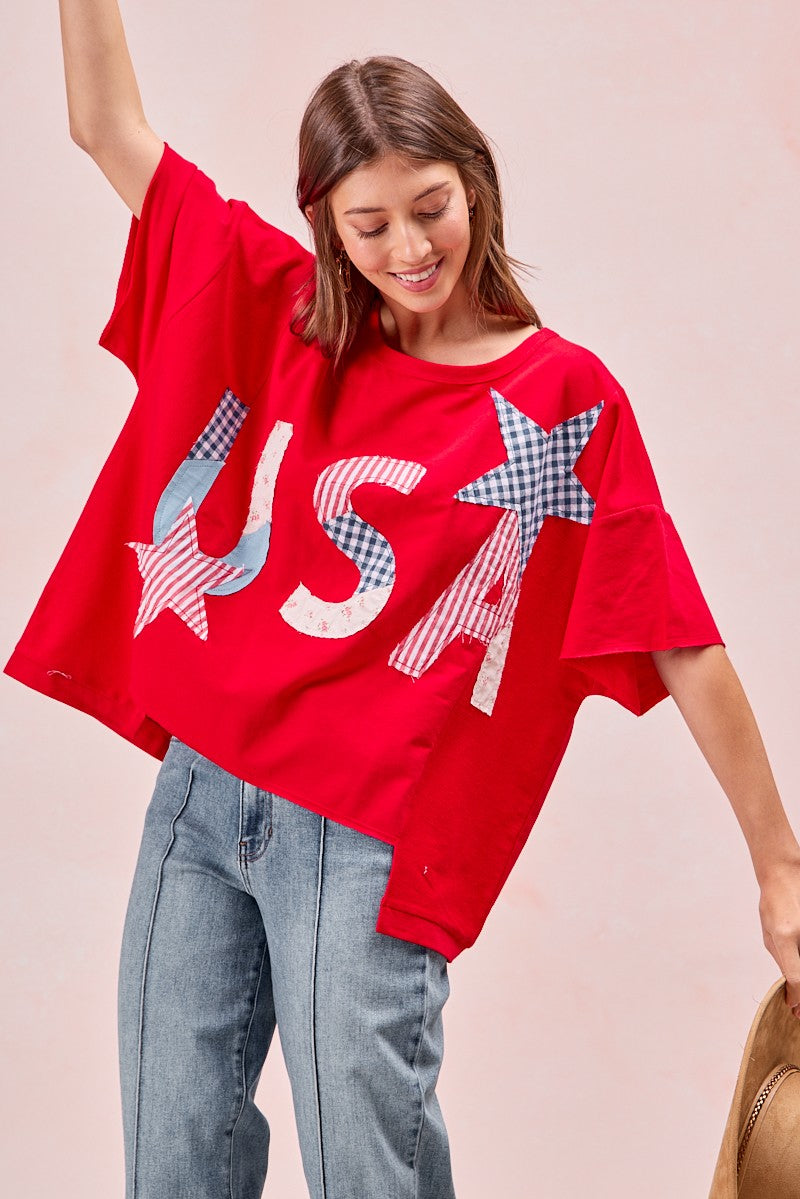 BiBi Oversized Knit Top with Mix n Match USA Patchwork in Red