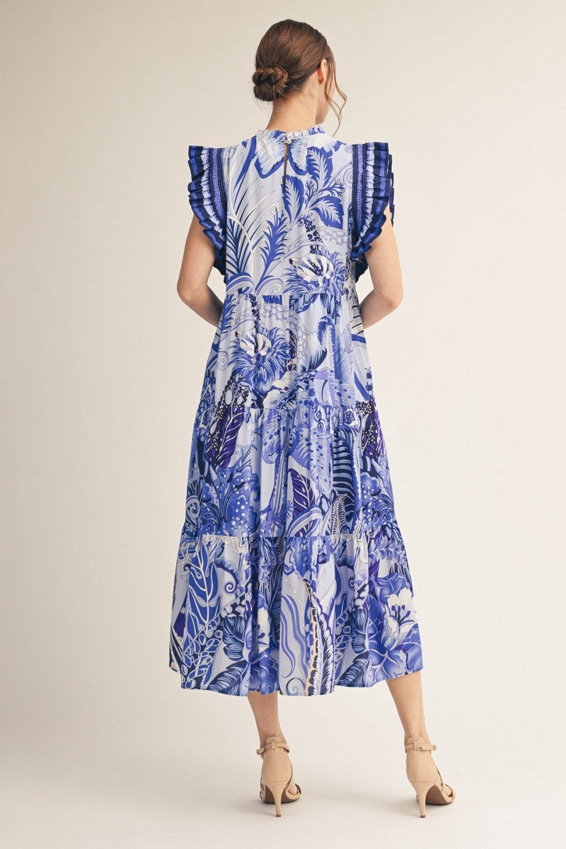 Jodifl Boho Tropical Print Midi Dress in Blue Mix