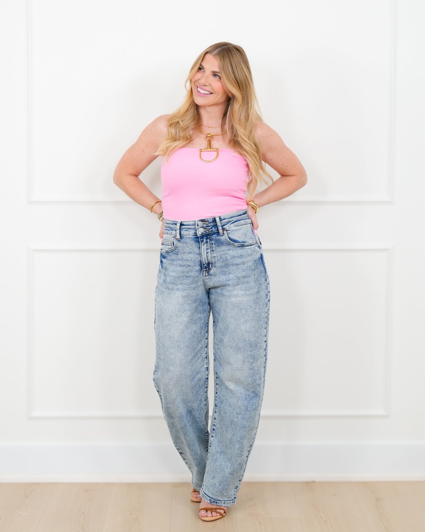 Judy Blue High Rise Light Wash Double Waist Band Marlow Arc Leg
