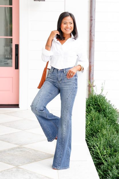 Restock! Judy Blue Golden Hour Mid Rise Flare Jeans with Double Angular Seam