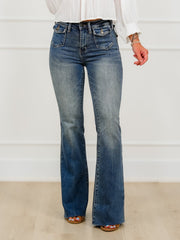 Judy Blue Mid Rise Medium Wash Flare Jeans with Front Flap Pockets