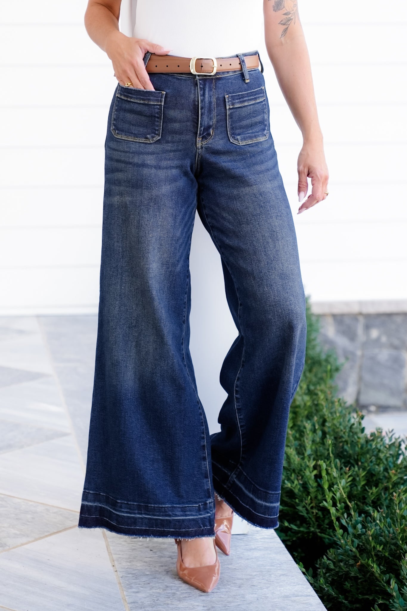 Judy Blue High Rise Dark Wash Palazzo Jeans with Front Patch Pockets