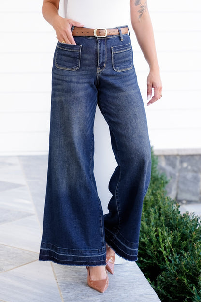 Judy Blue High Rise Dark Wash Palazzo Jeans with Front Patch Pockets