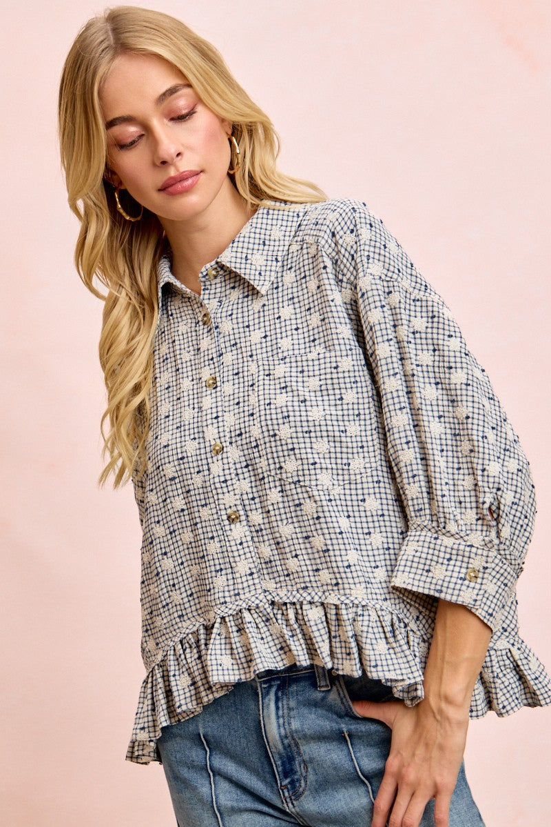 BiBi Floral Embroidery Grid Checked Ruffled Hem Button-Up Top in Navy